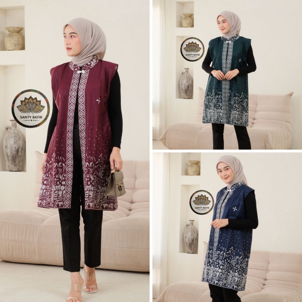 Loung Outer Batik Atasan WanitA Modern Loung Cardi Batik Outer Panjang Tanpa Lengan