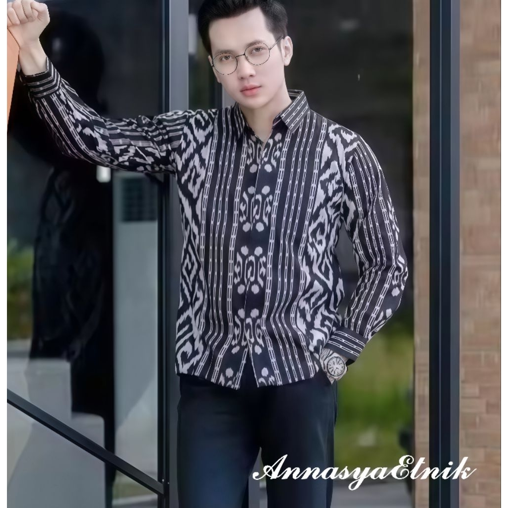 Kemeja Batik Tenun Etnik Original Pria. Kemeja Songket. Kemeja Batik. Baju Batik Tenun Pria (KMJ 81)