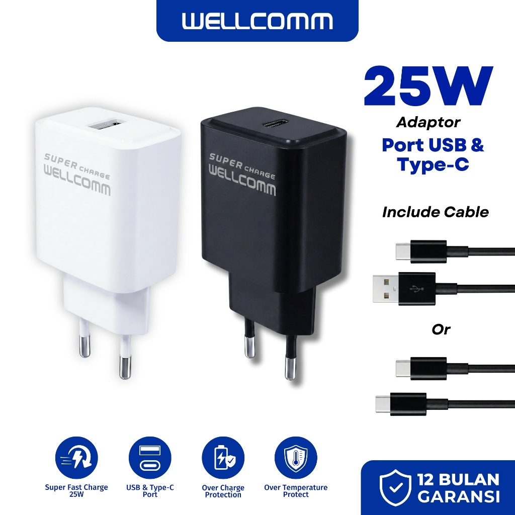 Wellcomm Wall Charger 25W Fast Charge Single Port USB A / C Include Kabel USB to C / Type C to C