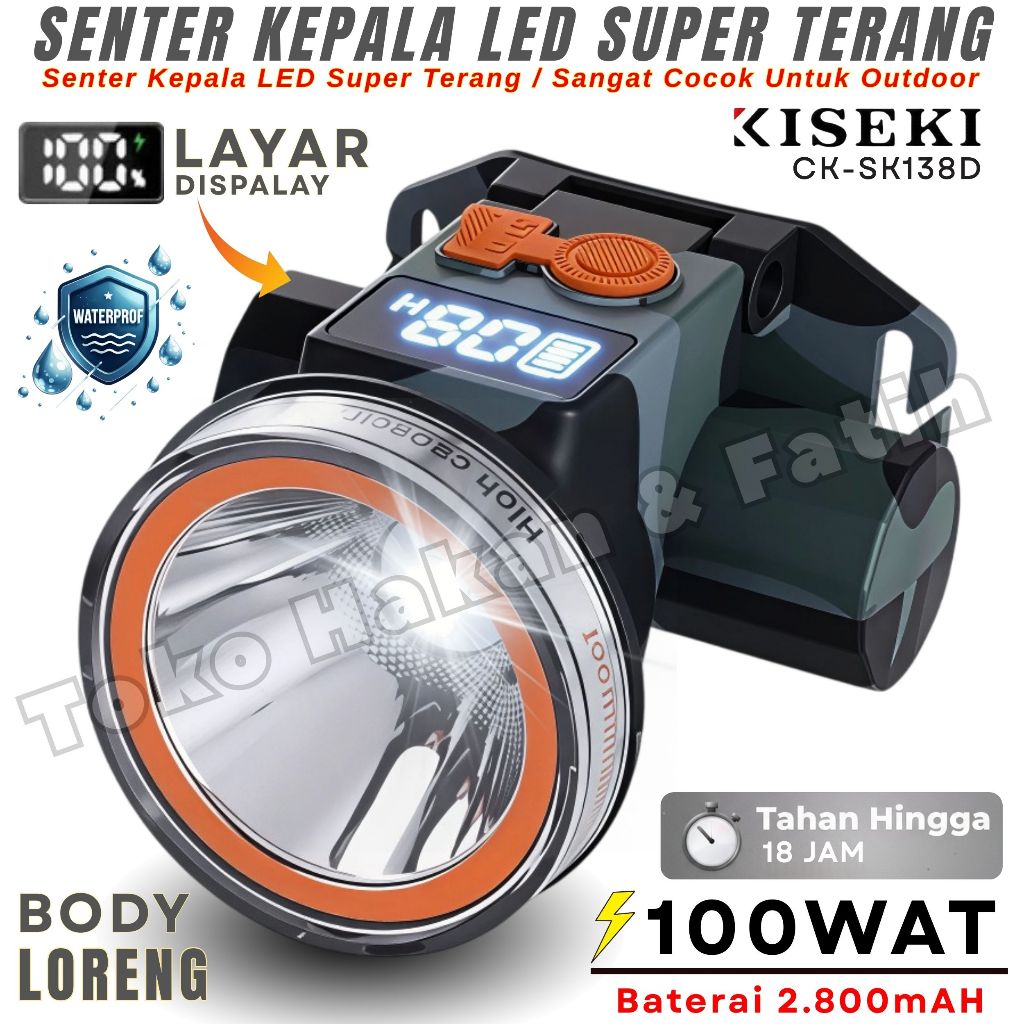 Terbaru~Senter kepala LED KISEKI CK-SK138D , Daya100wat , Baterai 2800mAh , Tahan hinga 12jam , Sent