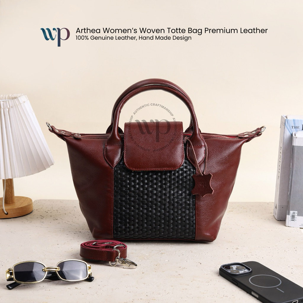 WP - ARTHEA Women’s Woven Totte Bag Premium Leather | Tas Kulit Wanita Anyaman Tangan Asli - Maroon 