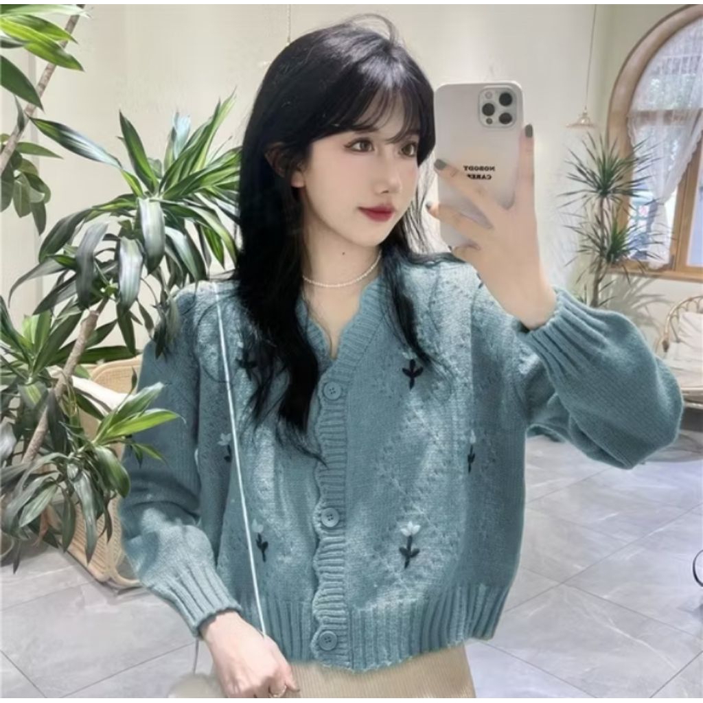DJ. Cardigan Rajut Wanita Korea Motif Bunga Soft Knit