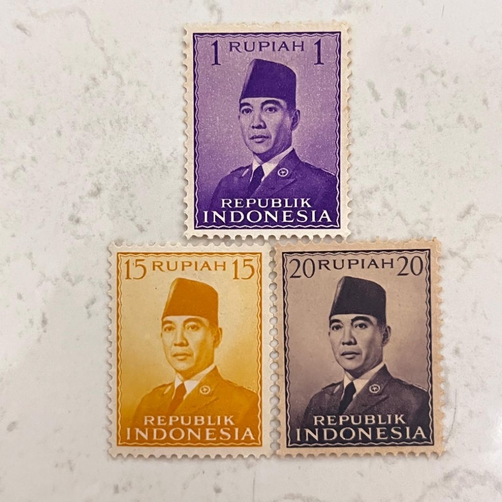 [Set 3 Lembar] Perangko Indonesia Kuno 1, 15, 20 Rupiah Soekarno 1951 Mint  - Stamp