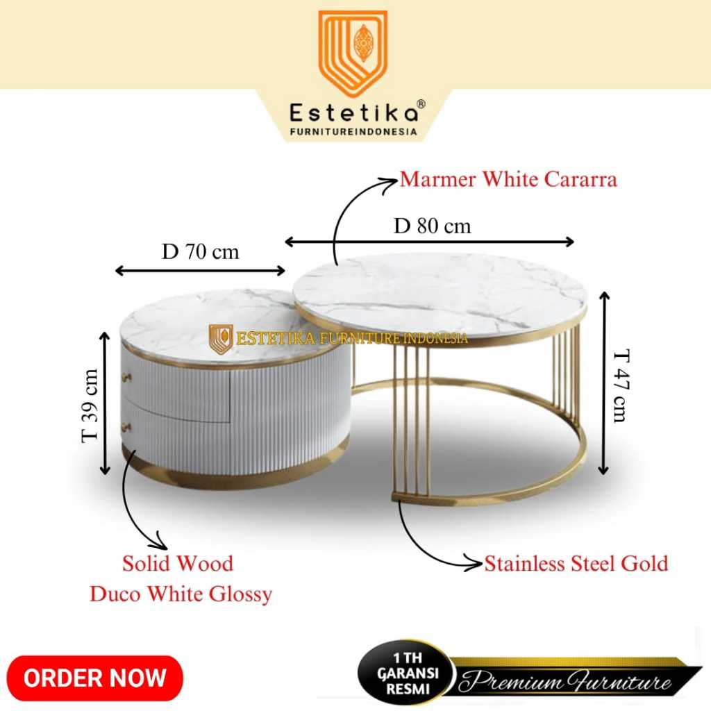 ESTETIKA FURNITURE INDONESIA Meja Tamu Minimalis Marmer Fazila Salur Coffee Table Nesting D 80 cm Bu