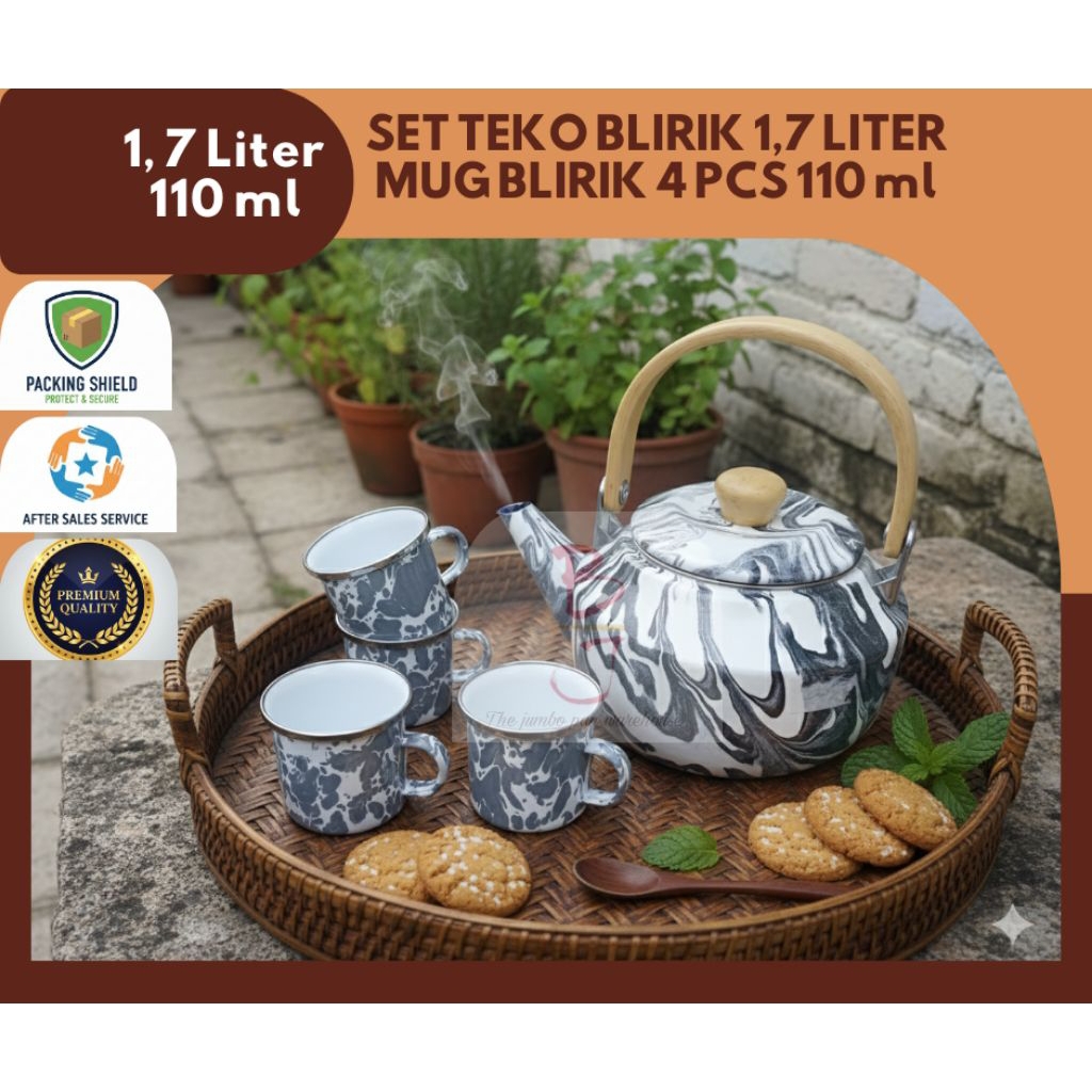 Set Teko Meja Blirik Hitam 1,7 Liter  Mug 4 pcs 110 ml Enamel Kedaung