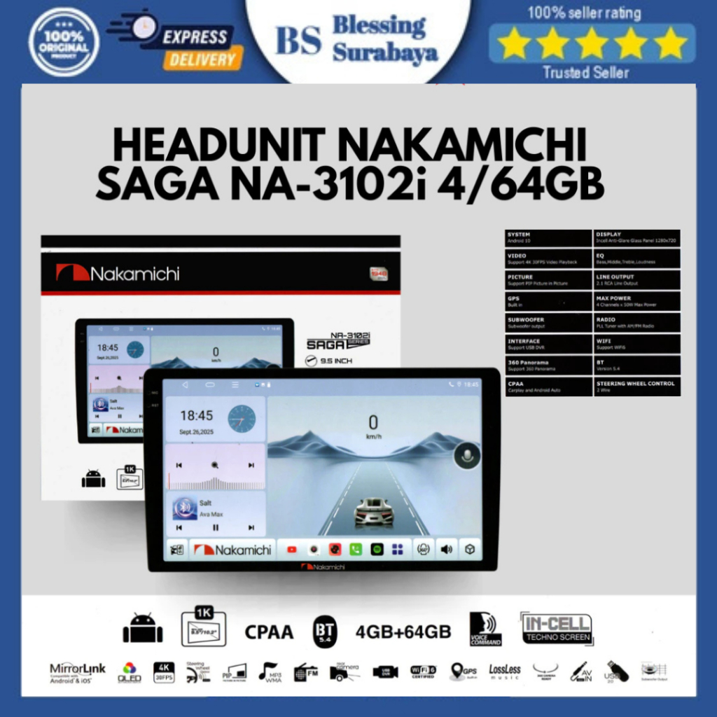 HEADUNIT ANDROID NAKAMICHI SAGA NA-3102i Ram 4 dan 6GB Support 360