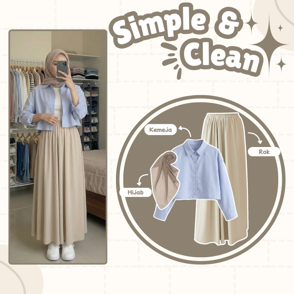 One Set Remaja | Kemeja Crop, Rok Mayung, Hijab Square | Setelan Outfit Wanita, OOTD Wanita Hijab