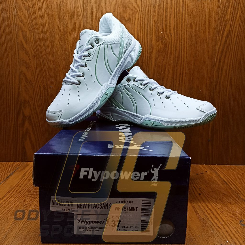 Sepatu Badminton FLYPOWER PLAOSAN 9 NC Junior & Dewasa Size 32-45  (White/Soft Green) 100% ORIGINAL