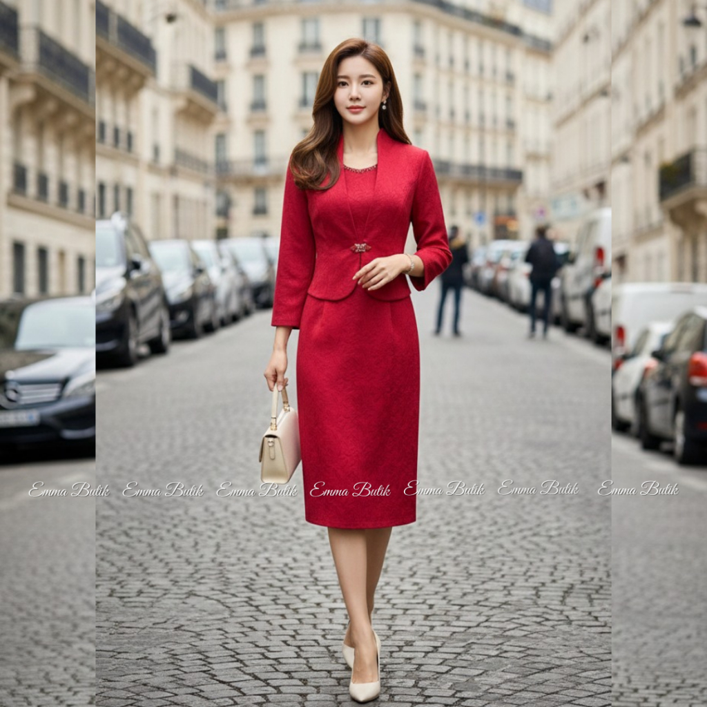Emma.Butik E00669 Gaun Merah Natal Dress Midi Lengan Panjang Semi Blazer Formal Gereja Kondangan