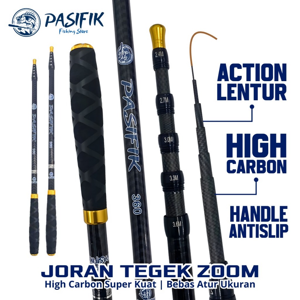 PASIFIK Joran Tegek Zoom High Carbon Fiber Lentur Super Kuat Handle Anti Slip Anti Patah Super Ringa
