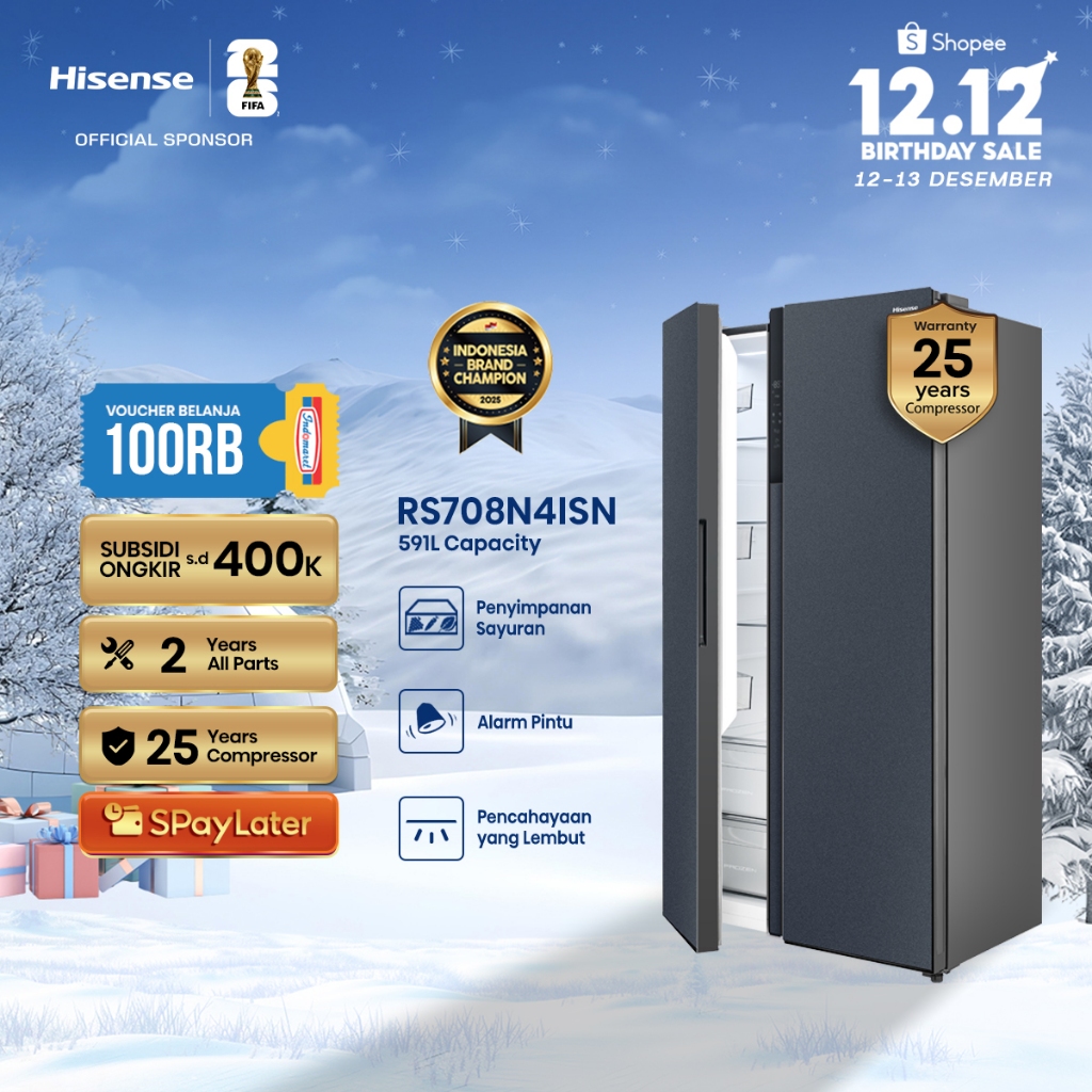 Hisense Kulkas RS708N4ISN Refrigerator Side By Side Kapasitas 591L Warna Silver Inverter Tanpa Bunga
