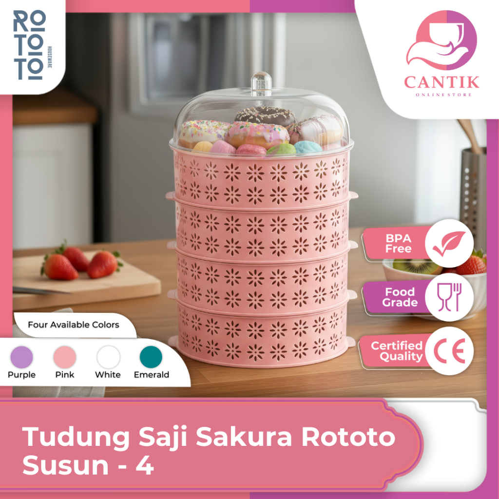 Rototo Tudung Saji 4 Susun Tempat Penyimpanan Makanan Estetik & Higienis Wadah Penutup Food Rack Sto