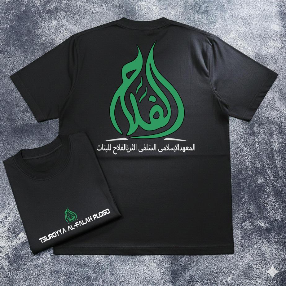 Al Falah Plosos Kaos Katun 30s dan 24s dengan Desain Logo Hijau dan Tulisan Arab untuk Pria dan Wani