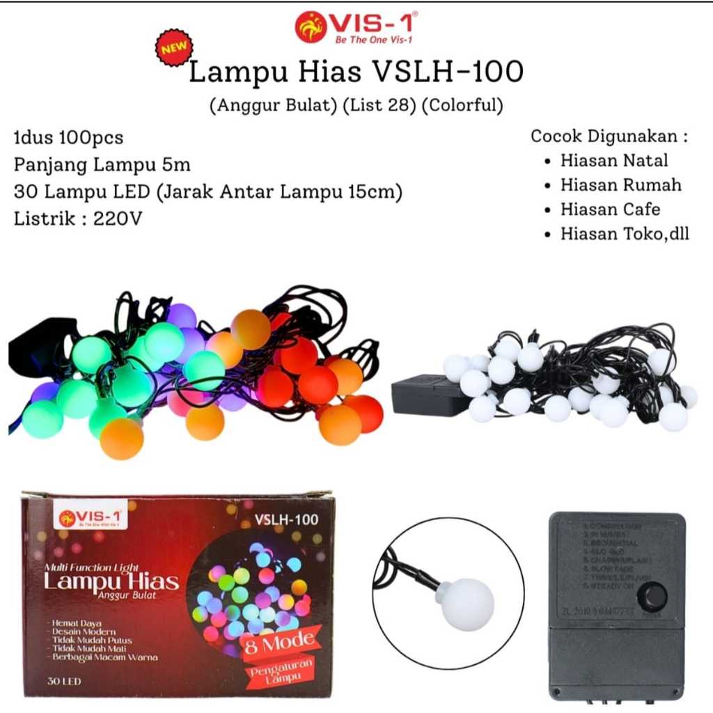 lampu led tumbler bentuk bola ( warna warni vis 1 kodel VSLH 100 panjang 5 meter 30 led lampu warna 