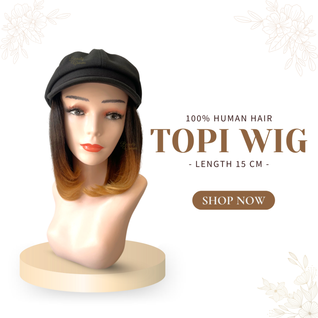 Human Hair 100% Rambut Asli Tanpa Campuran Topi Wig - Beauty Crown
