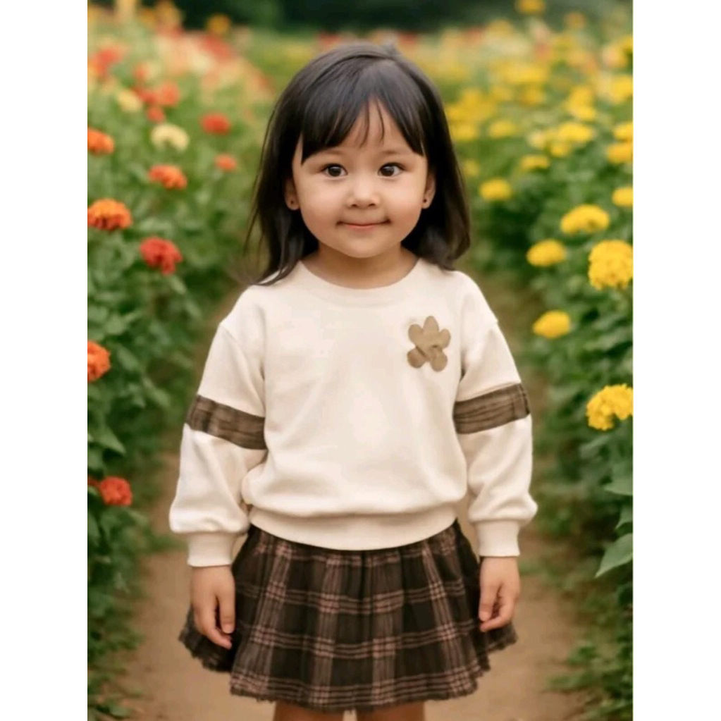 V34 - Setelan Anak Perempuan Cream Plaid - Sweater & Rok Kotak Lucu