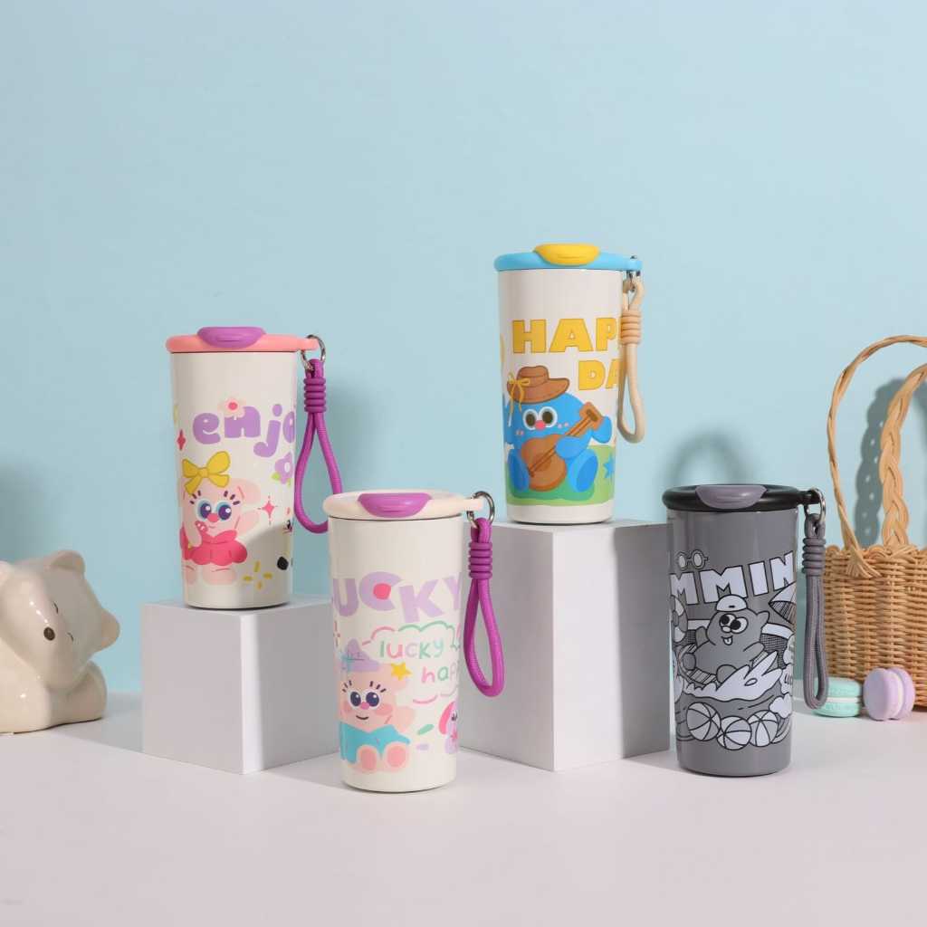 THERMOS STAINLESS STEEL TUMBLER PREMIUM KARAKTER LUCU KAPASITAS 450 HOT AND COOL KODE JH 006