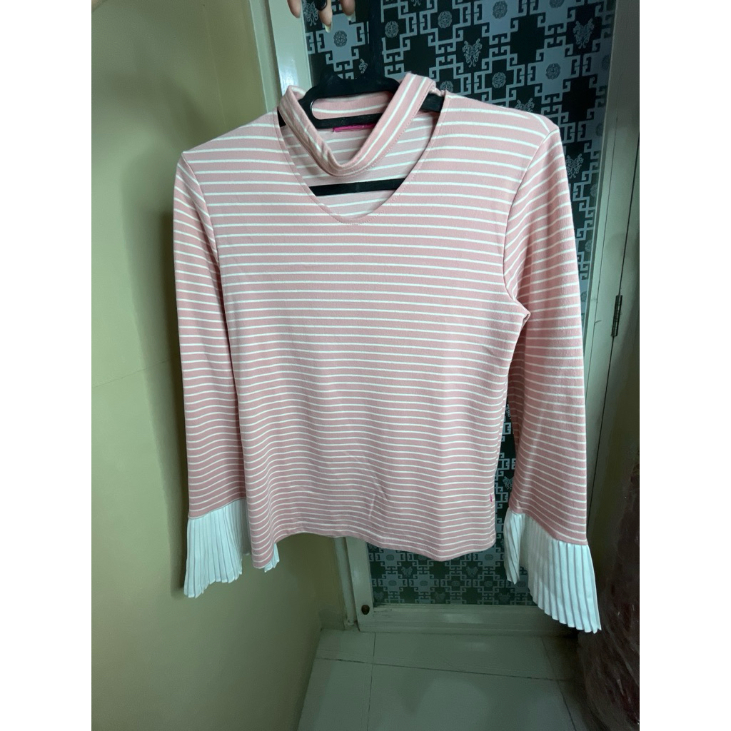 atasan garis garis atasan stripe pink atasan lengan panjang atasan lengan plisket chic girl