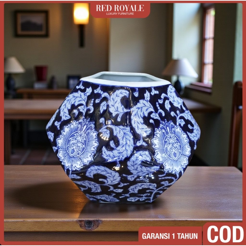 vas bunga keramik putih biru dekorasi hiasan ruang tamu