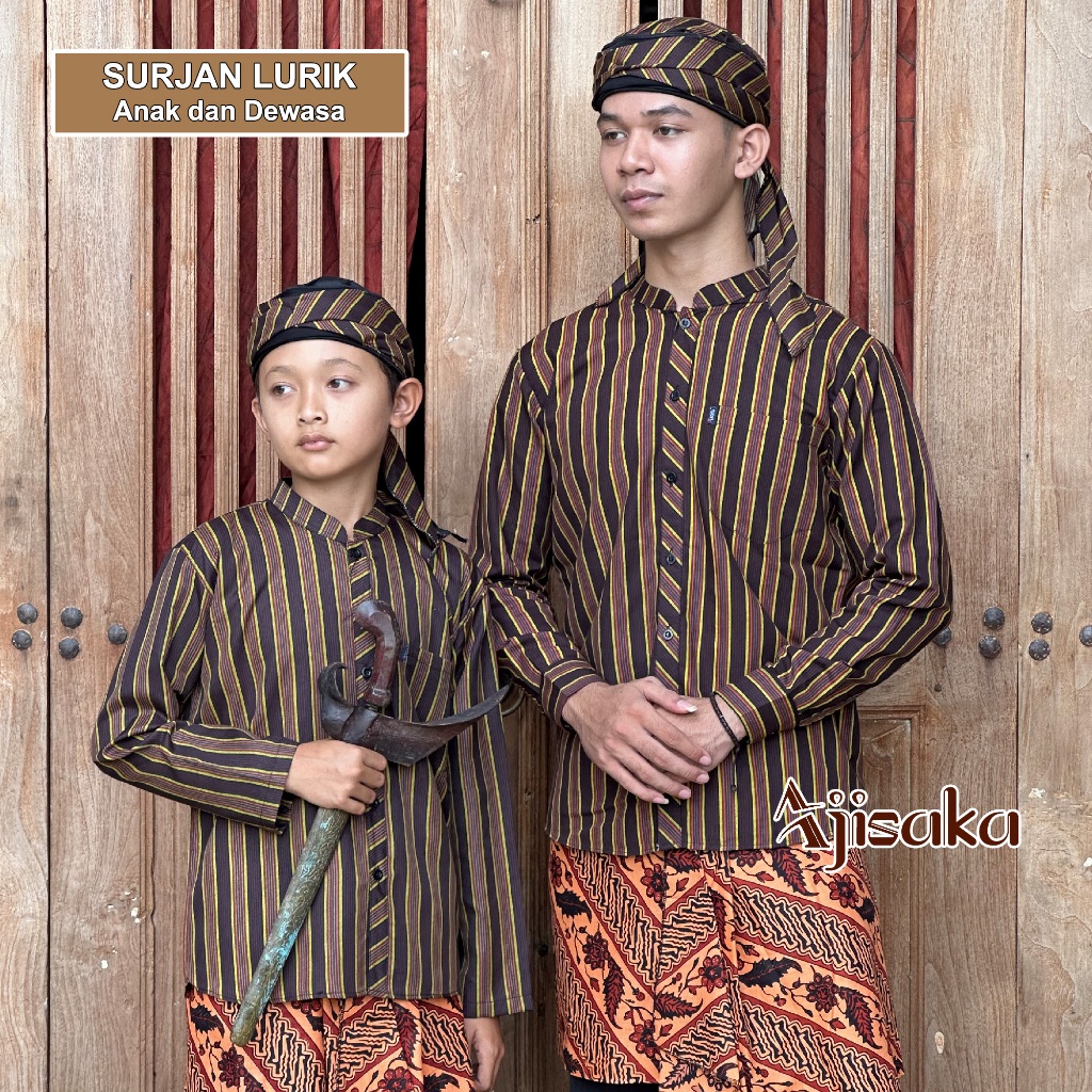 Baju Surjan Lurik Anak Dewasa Set Blangkon Baju Adat Jawa Laki Laki Pakaian Tradisional Kemeja Lurik