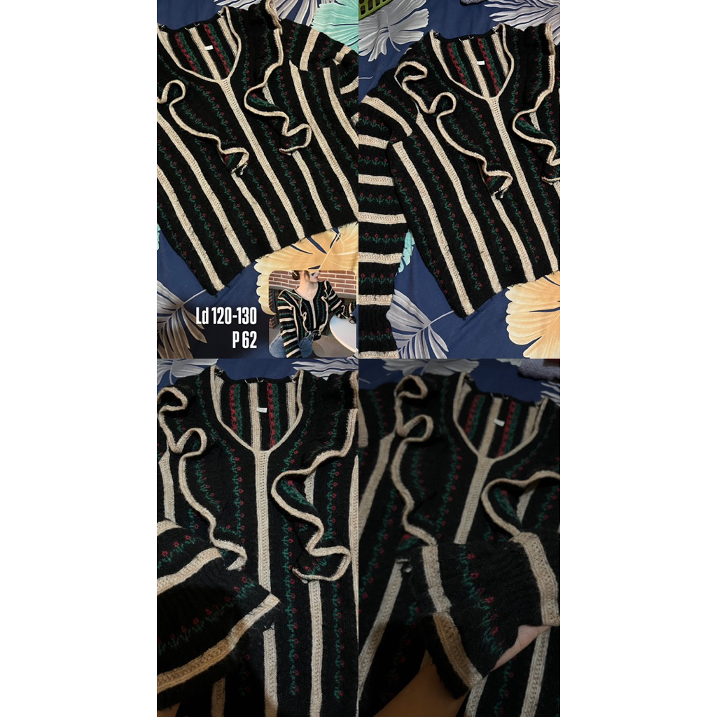 Cardigan Sweater Kepang, Bunga Ruffle, Salur, Snoopy, Knit