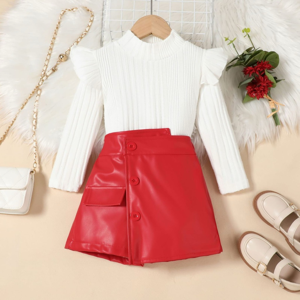 ANGELWISE - Jennie Set - Setelan anak Impor - Pakaian anek premium - Kaos anak putih lengan panjang 