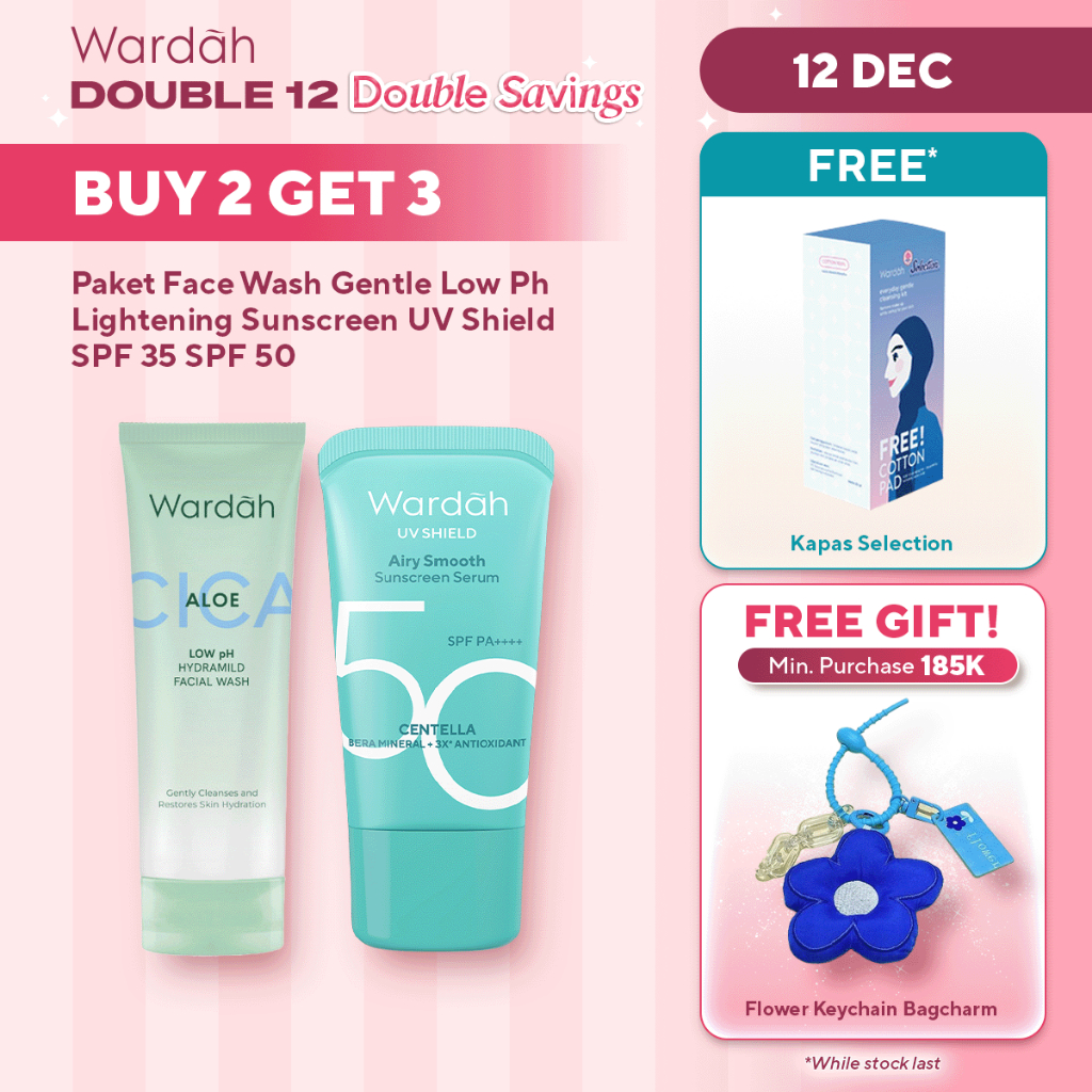 NEW WARDAH Paket Facial Wash Gentle Low Ph Lightening UV Shield Sunscreen 50 PA++++ /SPF 35 PA +++ -