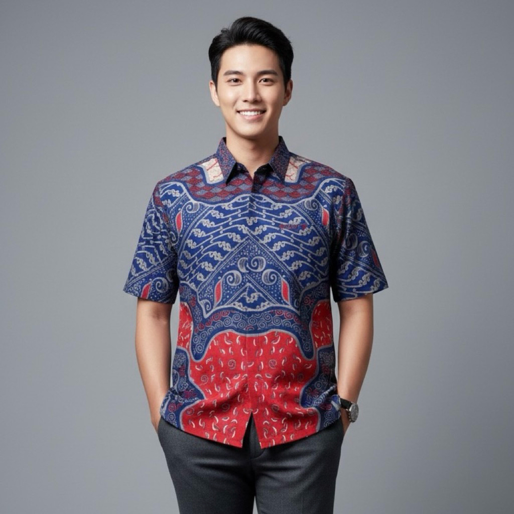 CAKRA MERAH Kemeja batik pria lengan pendek furing Full katun Slimfit