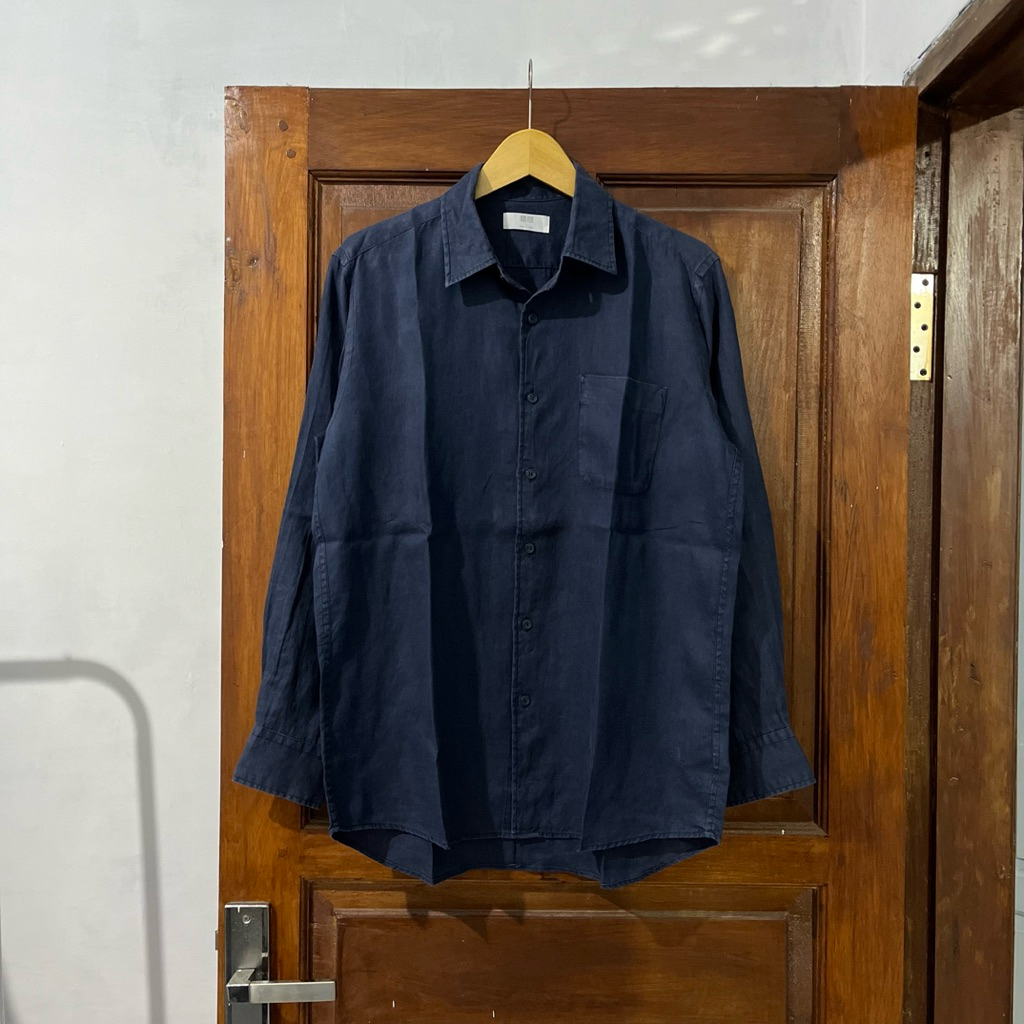 [L-XL] Uniqlo Cotton Linen Long Sleeve Shirt I Blue Navy I Vintage Vtg Retro Kemeja Garis-garis Salu