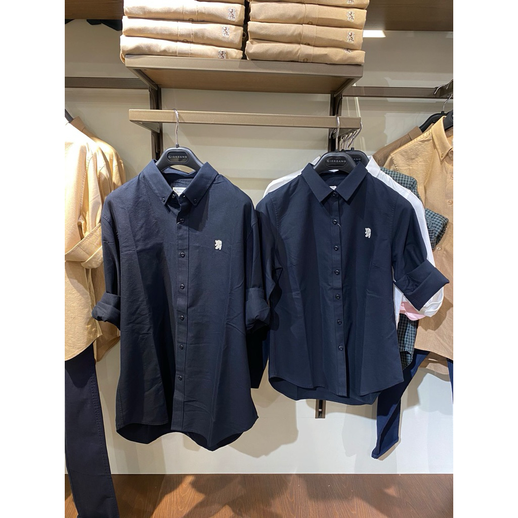 Giordano Kemeja Long Sleeves Shirt Set Couple Man & Women Signature Navy Size S M L XL XXL