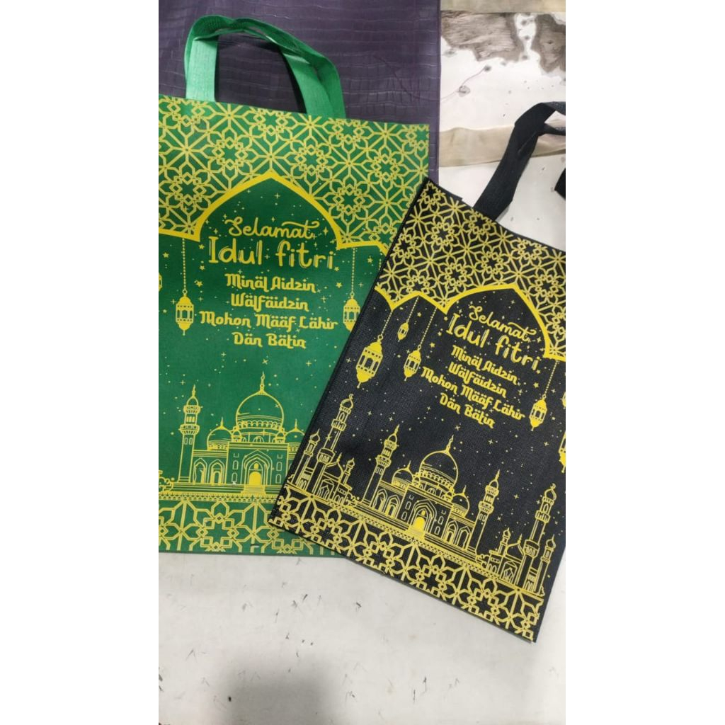 (Isi 12pcs) Tas Goodie Bag Tas Parcel Lebaran Idul Fitri [ Ukuran 38X45 ]Tas Spunbond / Tas Paket Za
