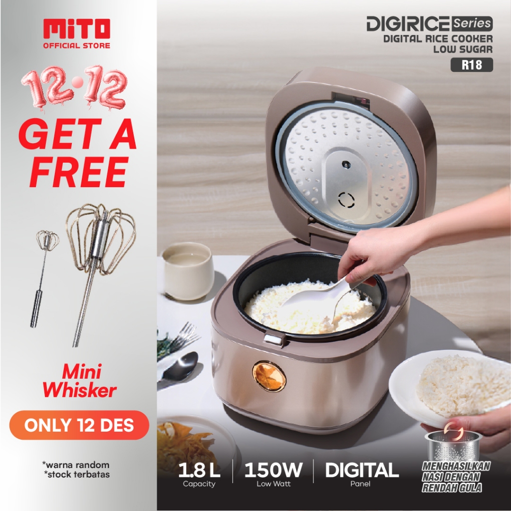 MITO Digital Rice Cooker 1.8 Liter R18 - Rice Cooker Low Sugar dengan 8 Menu Preset, Inner Pot Anti 