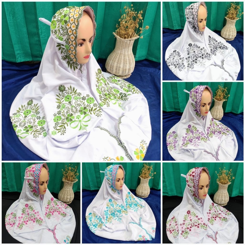 Mukena Terusan Putih Motif Bordir Bunga Cosmos Rukuh Dewasa Nyaman Tebal Adem