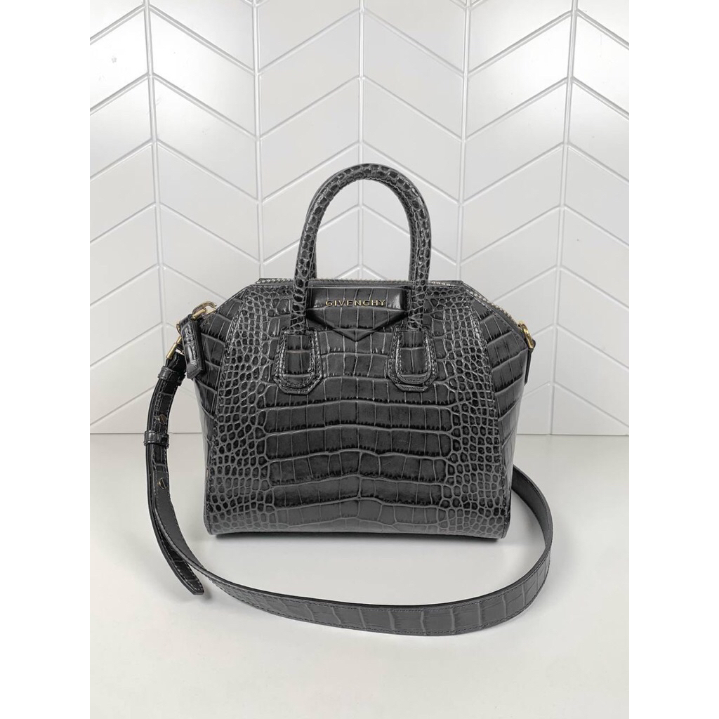 (PRELOVED) Givenchy Antigona Mini Grey Croco Embossed GHW 2019