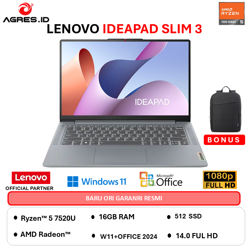 LENOVO IDEAPAD SLIM 3 14AMN8 AMD RYZEN 5 7520 - RAM 16GB 512GB W11+OHS 14.0FHD BLIT-9UID