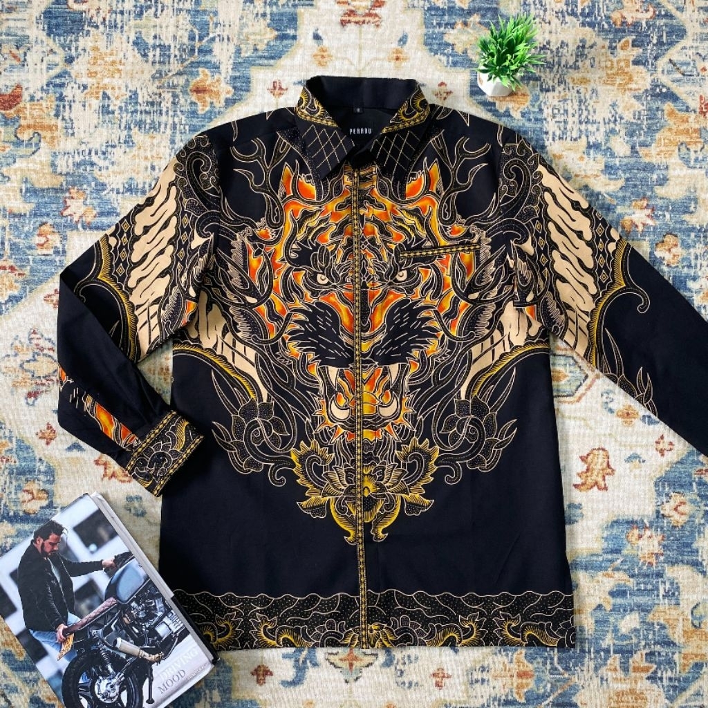 Batik Pria Hem Smock Bordir A836 Reguler Fit Kemeja Baju Katun Motif Kepala Harimau Perabu.id