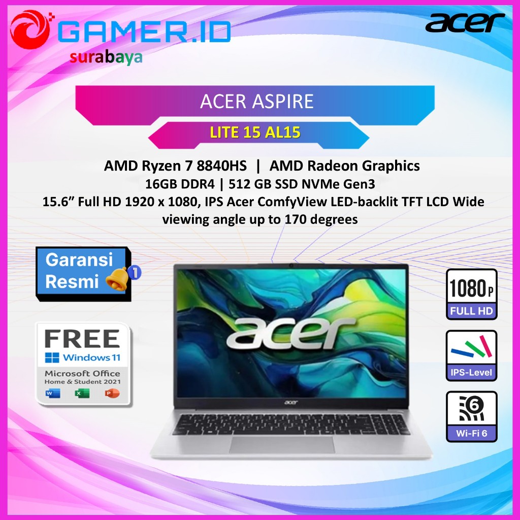 LAPTOP ACER ASPIRE LITE 15 AL15 RYZEN 7 8840HS 16GB 512GB 15.0FHD