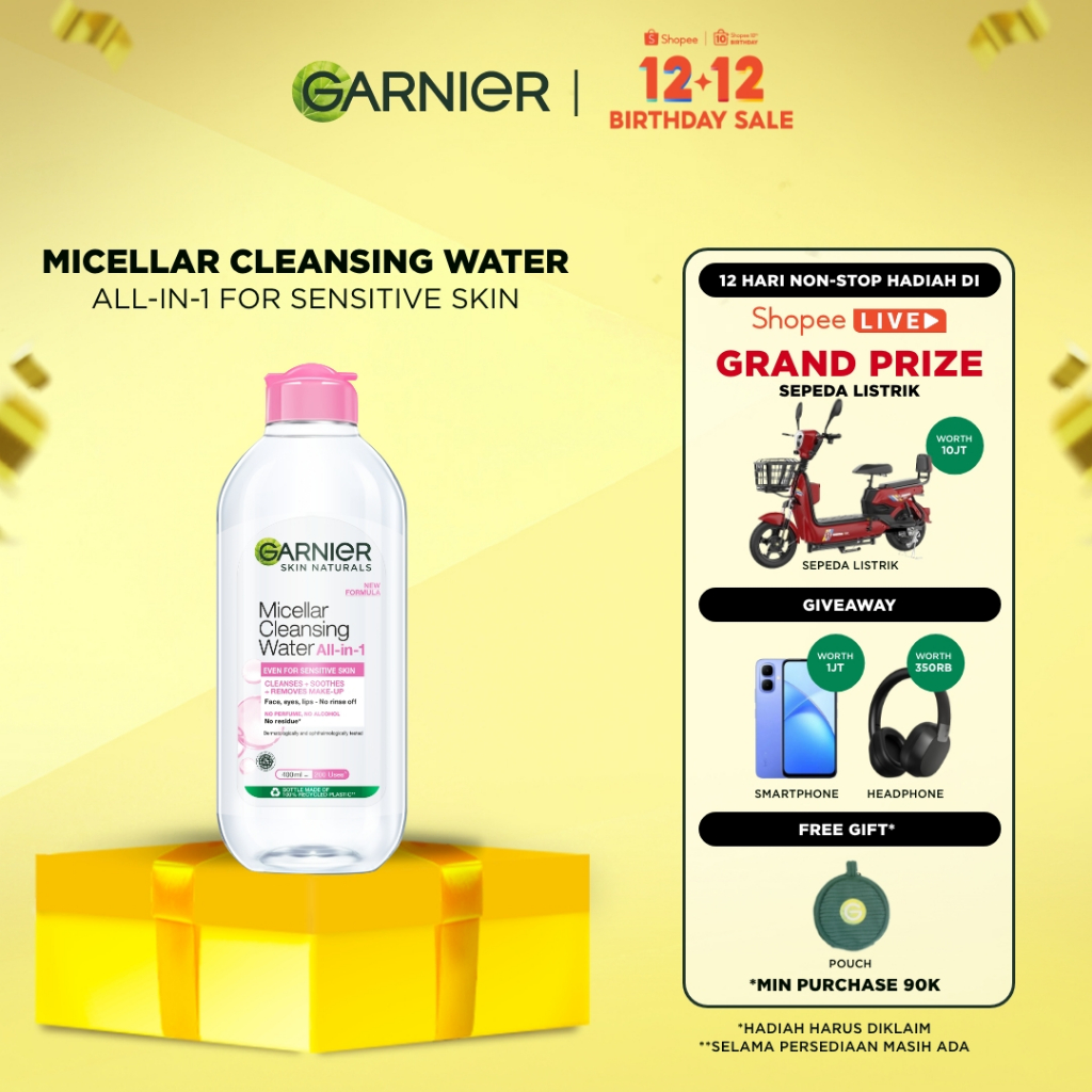 GARNIER Micellar Water Pink Skin Care 400ml Skincare Cleansing - Pembersih Wajah & Make up untuk Kul