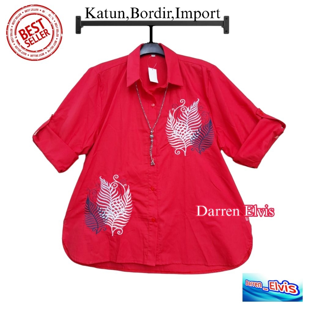 Kemeja Wanita / Import / Merah / Bordir Bunga Jaboll
