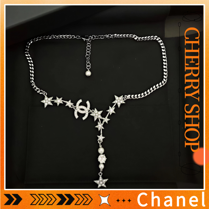 Liontin Bintang Mutiara CHANEL Double C, Logo Double C, Kalung Logam, Wanita, Perak