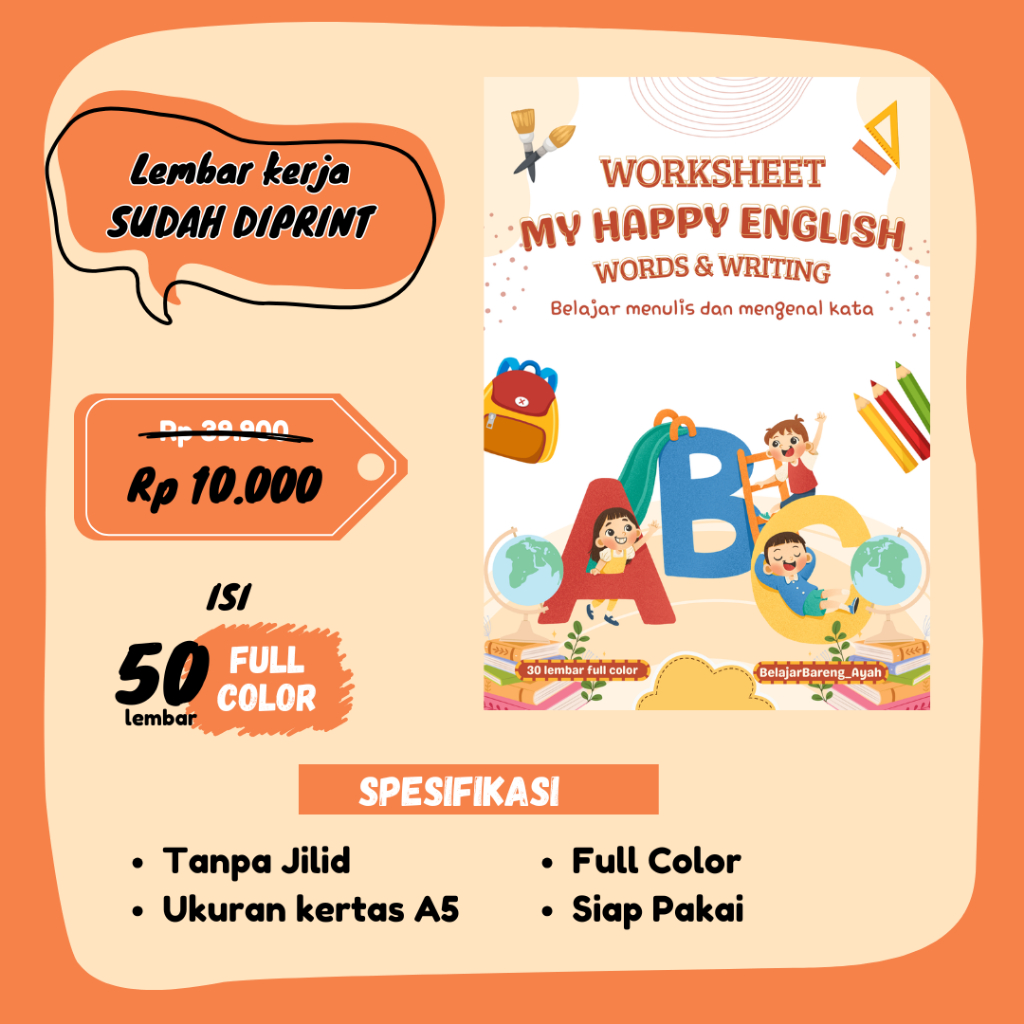 Worksheet Belajar Menulis Bahasa Inggris untuk Anak TK SD 50 Lembar Sudah Diprint Full Color