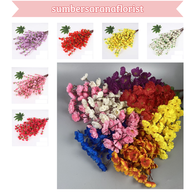 Bunga Sakura Cherry Blossom Tangkai Plastik Daun Sakura Artificial Panjang 65cm Imlek Tanaman Hias B