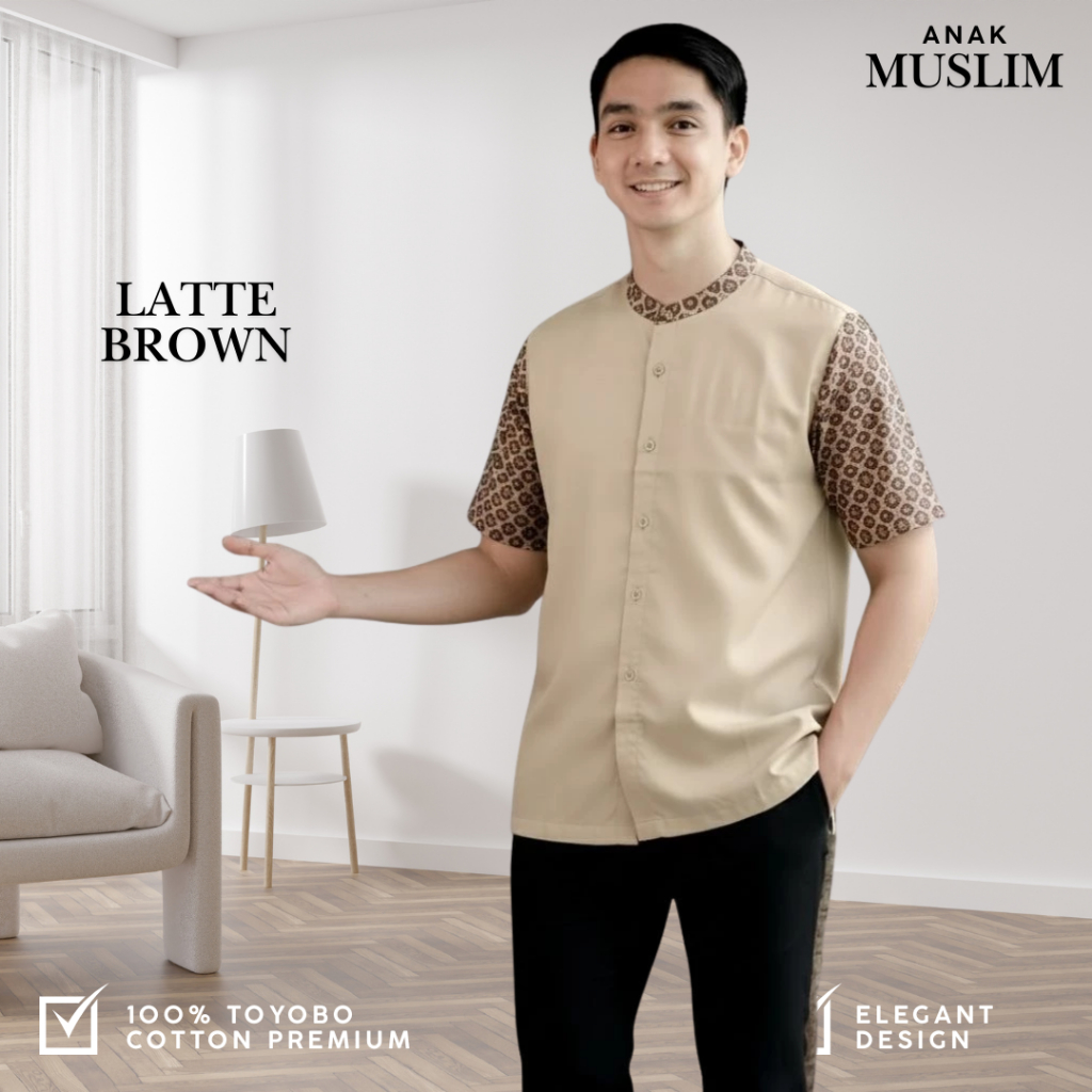 BAJU KOKO KURTA PRIA LENGAN PENDEK BAHAN KATUN WARNA LATTE BROWN / COKLAT SUSU KOMBINASI BATIK
