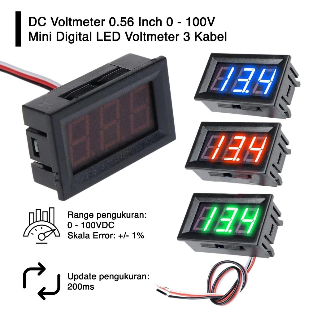 DC Voltmeter 0.56 Inch 0 - 100 V Mini Digital Voltmeter 3 Kabel