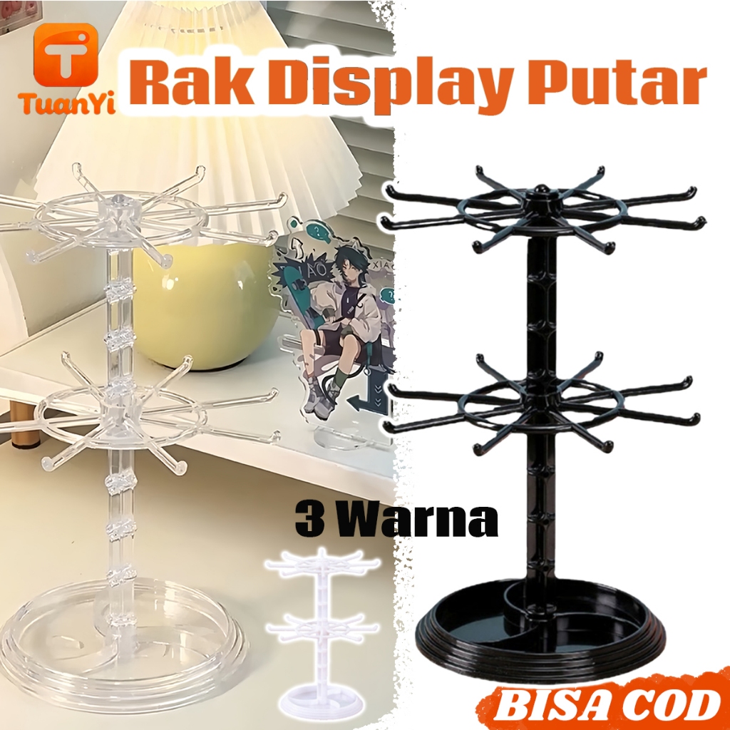 Rak Display Putar Transparan untuk Perhiasan - Rak Putar 2 Tingkat Penampil Aksesori Kalung Gelang, 