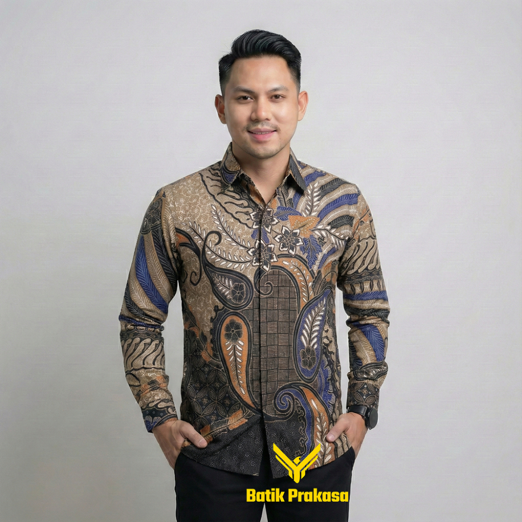 Kemeja Batik Pria 1248 Baju Lengan Panjang Slimfit Lapis Furing Batik Prakasa Motif Aqram kode 1248 