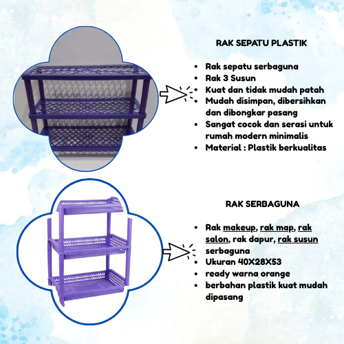 RAK PLASTIK 3 SUSUN SERBAGUNA/RAK SEPATU 3 SUSUN