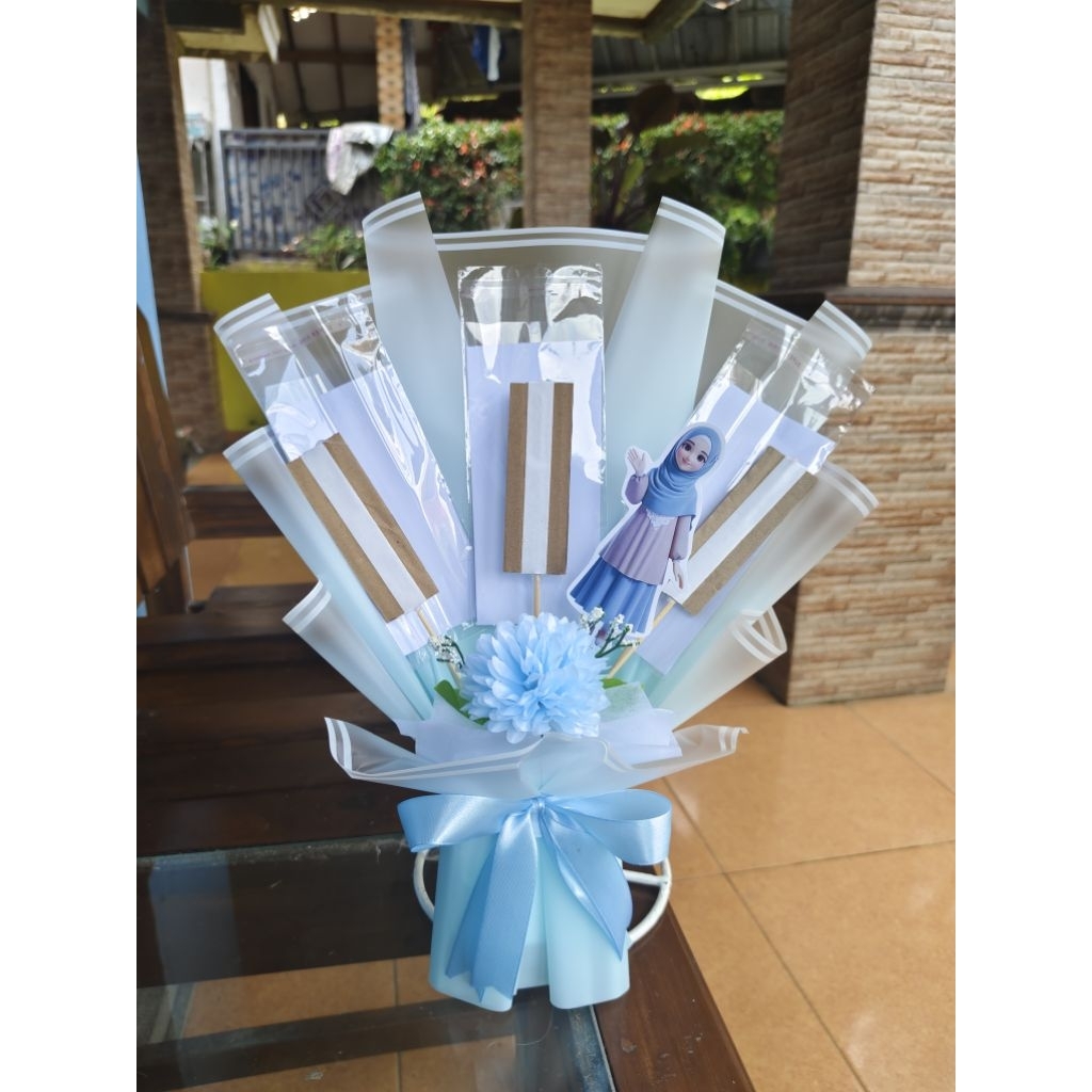 READY Buket Hari IBU Wadah Uang Dan Snack Kosongan 3 Stik Dan 3 Lembar Uang Tinggal Isi Gratis Kartu