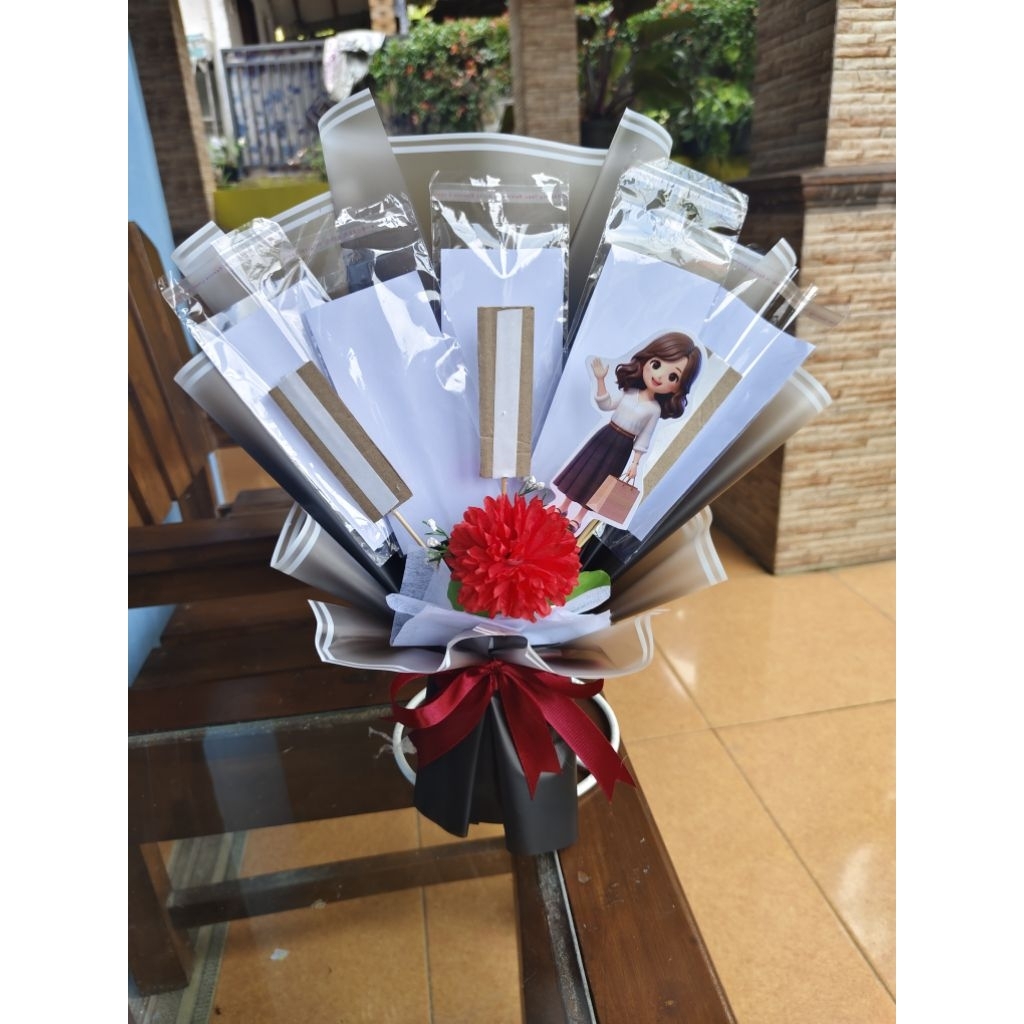 Kerangka Buket Hari IBU Kombinasi 5 Lembar Uang Dan 3 Stik Untuk Snack/ Kopi/ Foto/ Coklat Tinggak I