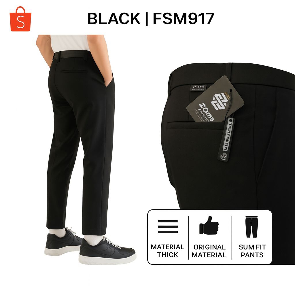 Celana Kantor Formal pria Slim-Fit Bahan Wol Hitam Elegant